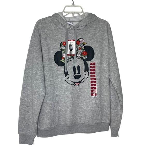 Disney Minnie Mouse Hoodie XL Gray Floral Bow Pullover Sweatshirt NEW Cute - Picture 1 of 6